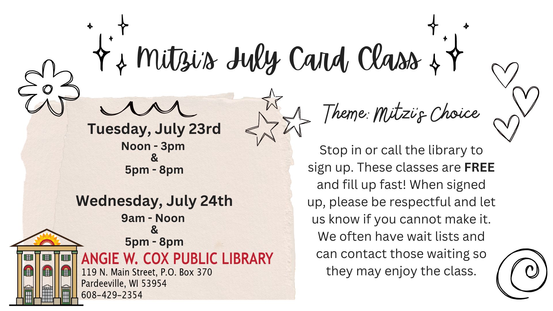 Slide describing Mitzi's Card Class dates and information