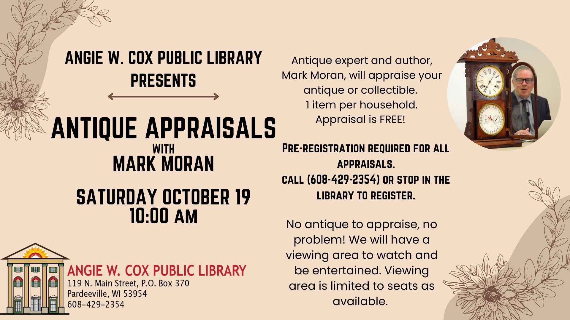 Slide describing the upcoming antique appraisal by Mark Moran on Saturday October 19th