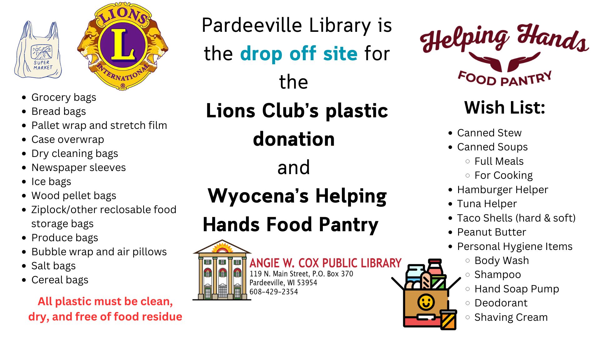 Slide describing the items needed for the Lions Club's plastic drive and Wyocena Helping Hands Food Pantry